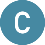 Keskussairaalan C- siiven symboli. Sininen ympyrä, jossa valkoinen C-kirjain. 